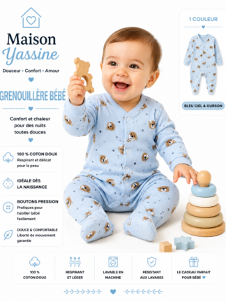 Grenouillère Bleue Imprimée Oursons Marron 100% Coton