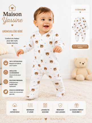 Grenouillère Blanche Imprimée Oursons Marron 100% coton
