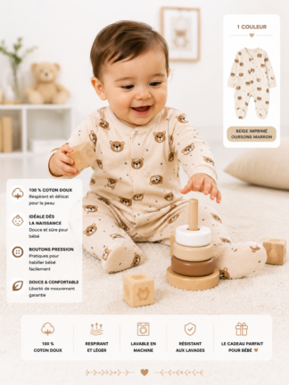 Grenouillère Beige Imprimée Oursons Marron