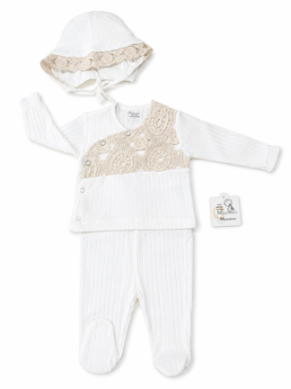 Ensemble 3 Pièces Blanc – Dentelle – écru + Chapeau  (0-3mois)
