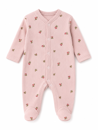 Grenouillère Rose Nude – Imprimé Fleurs | 100 % Coton