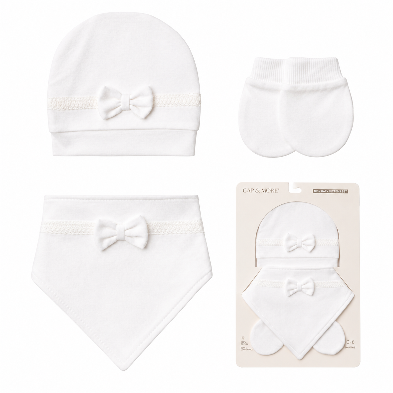 Set CAP & MORE – Bonnet, Bavoir & Moufles | 100 % Coton