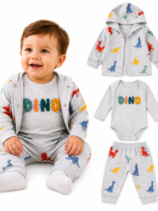 Ensemble 3 Pieces Grise motif Dinosaures Dino