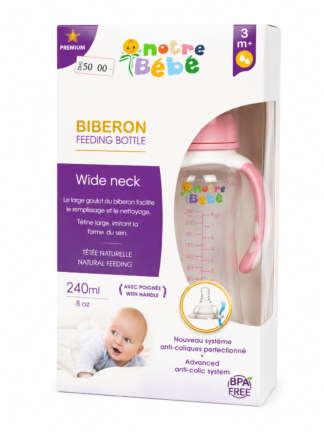 Biberon Standard avec Poingné Rose notre Bébé 240ML 3+mois