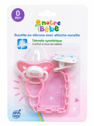 tétine notre bébé avec attache rose 0m+