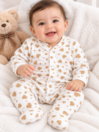 Grenouillère Bébé Blanche Cœurs Beige